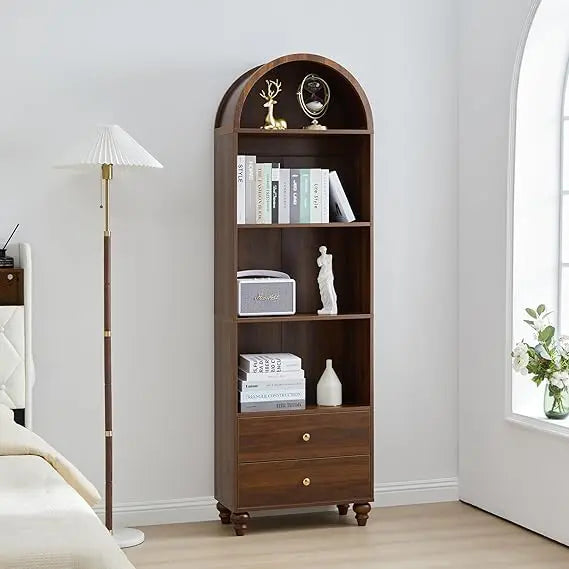 75.59’’ Tall Bookcase 4 Tier Arched Bookshelf with 2 Drawers Modern Book Display Storage Cabinet for Living Room
