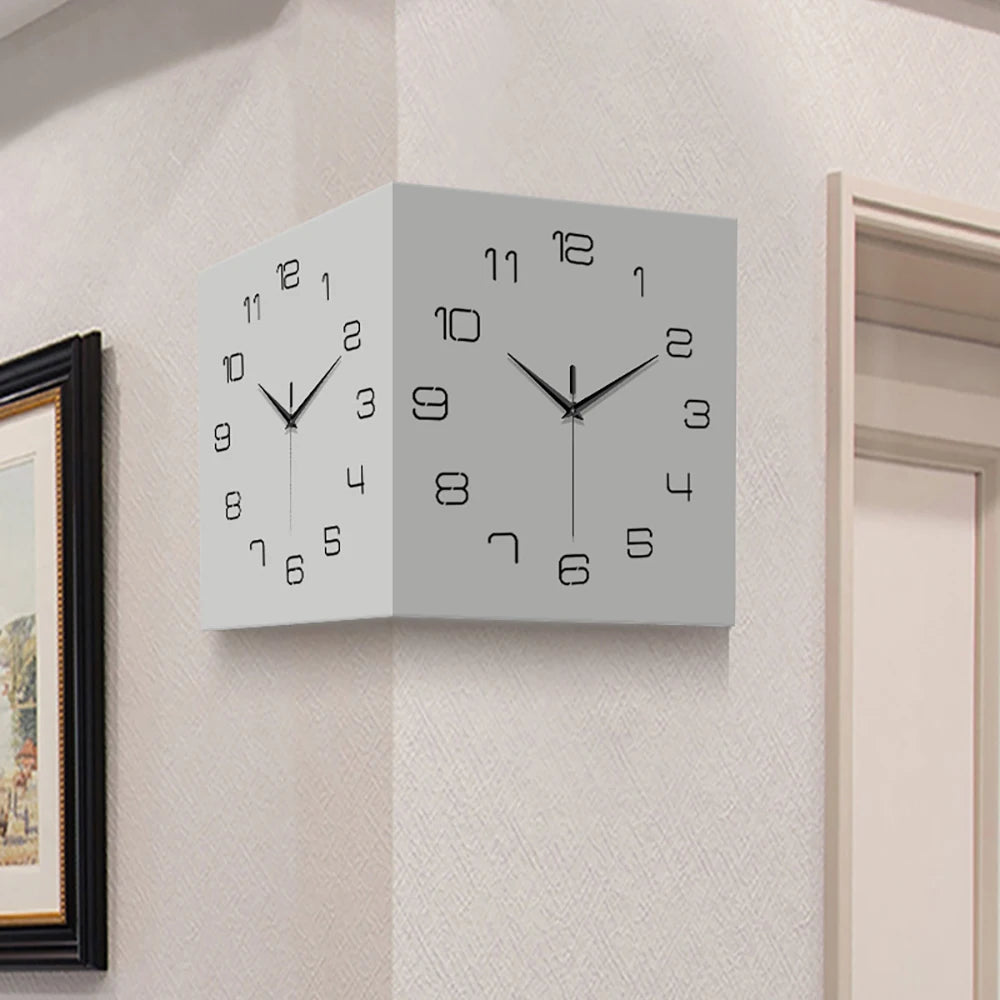 Double-Sided Wall Clock,Creative Muted Quartz Wall Corner Clock for Home Decoration - WHITE