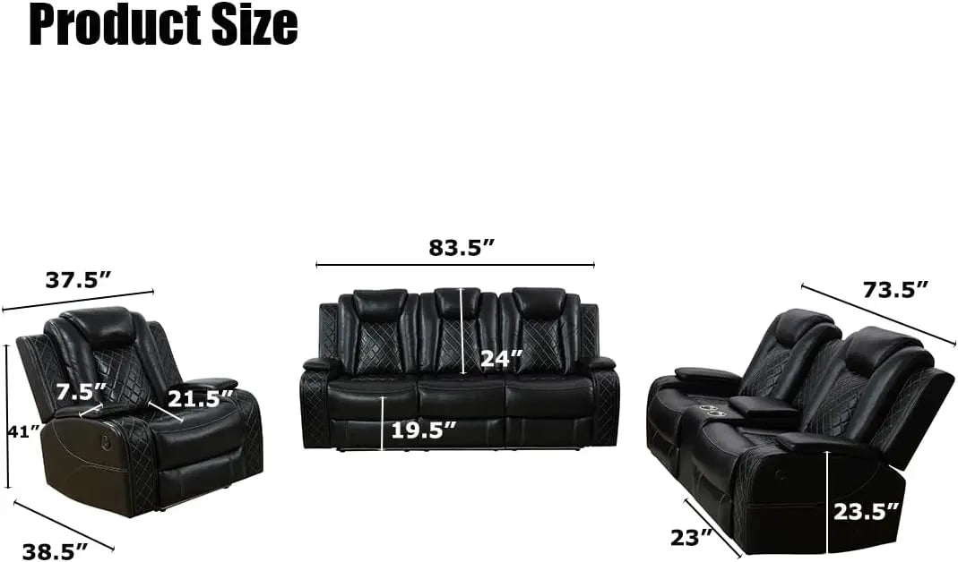 Power Recliner Sofa Set Black Leather 3 Pieces Sectional Couch Living Room Furniture Sets with LED Light Modern Power