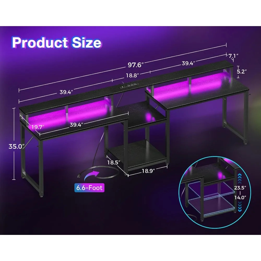98 Inch 2 Person Gaming Desk with Storage Shelves- Long Double Home Office Computer Desks with USB Charging Port & LED