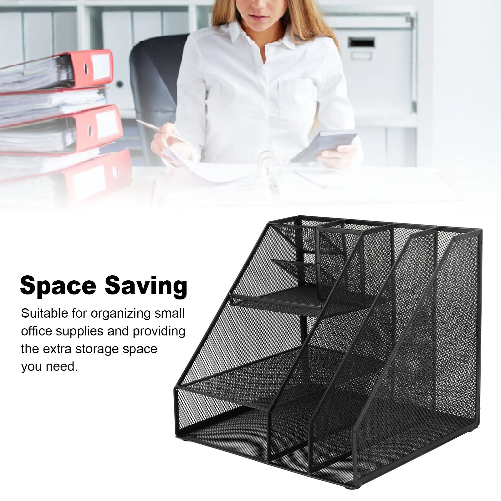 Metal Mesh Desktop Organizer Rugged Multifunctional File Document Storage Rack Iron Space Saving Powder Coated Finish