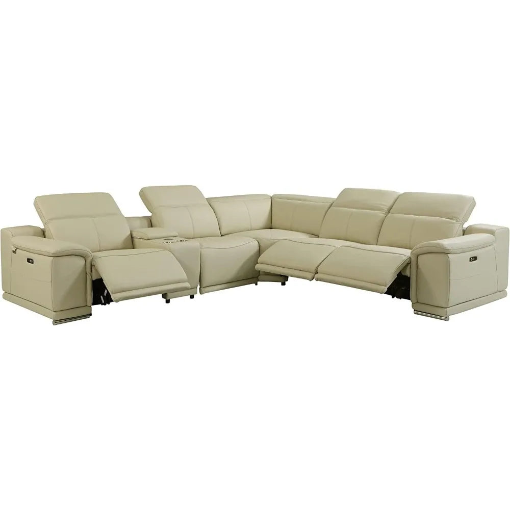 6 Piece Top Grain Italian Leather Sectional Sofa with 3-Power Recliners Adjustable Headrest Lumbar - Beige / United