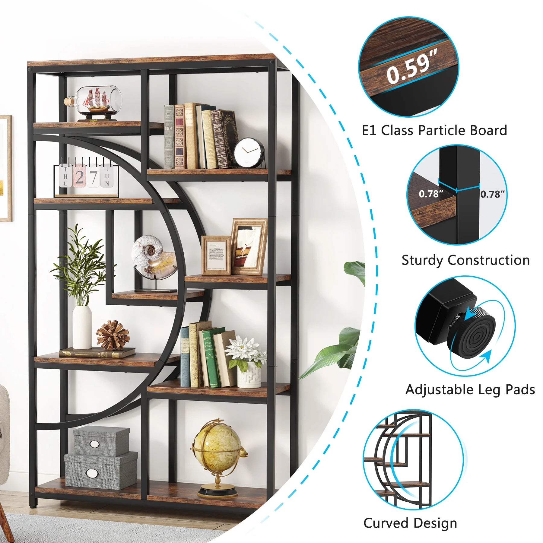 Tribesigns Bookshelf Industrial 5 Tier Etagere Bookcase Freestanding Tall Bookshelves Display Shelf Storage Organizer