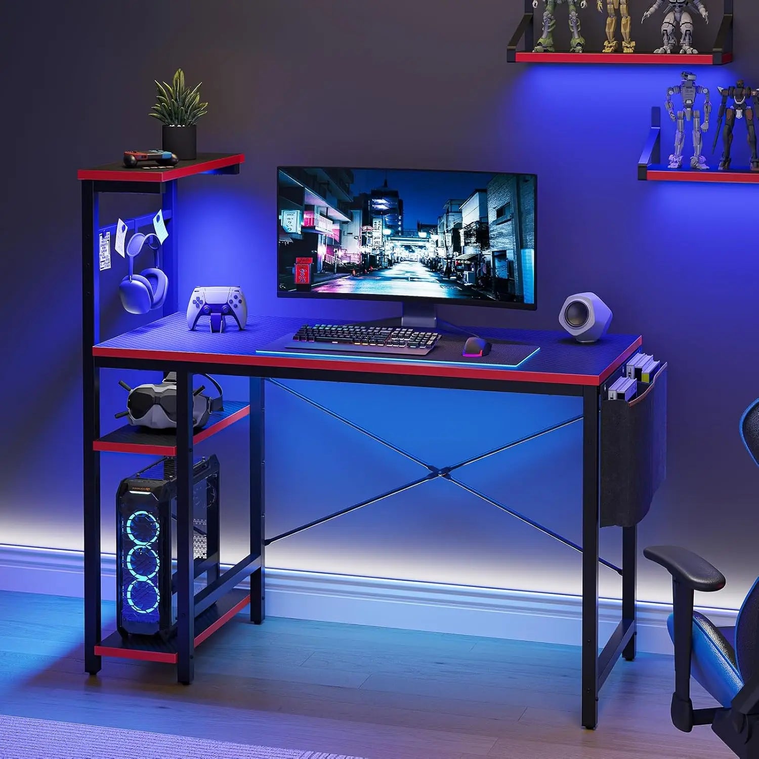 Gaming Desk with LED Lights 44 Inch PC Gamer Desk for Small Spaces Computer Desk with Reversible Storage Shelves