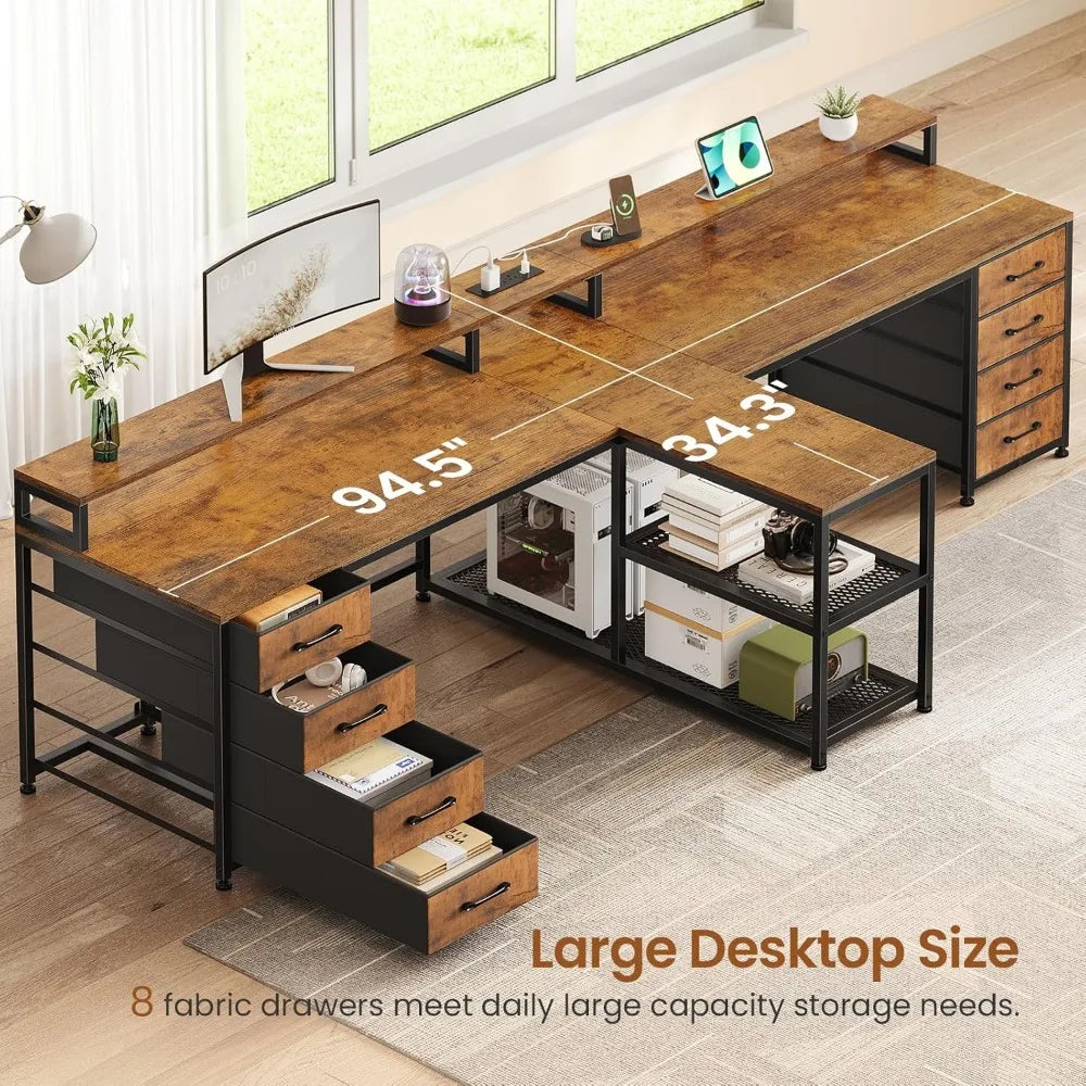 94.5’’ 2 Person Gaming Desk Long Office Computer Desk with 8 Drawers & LED Lights Two Person Desk with Storage Power St