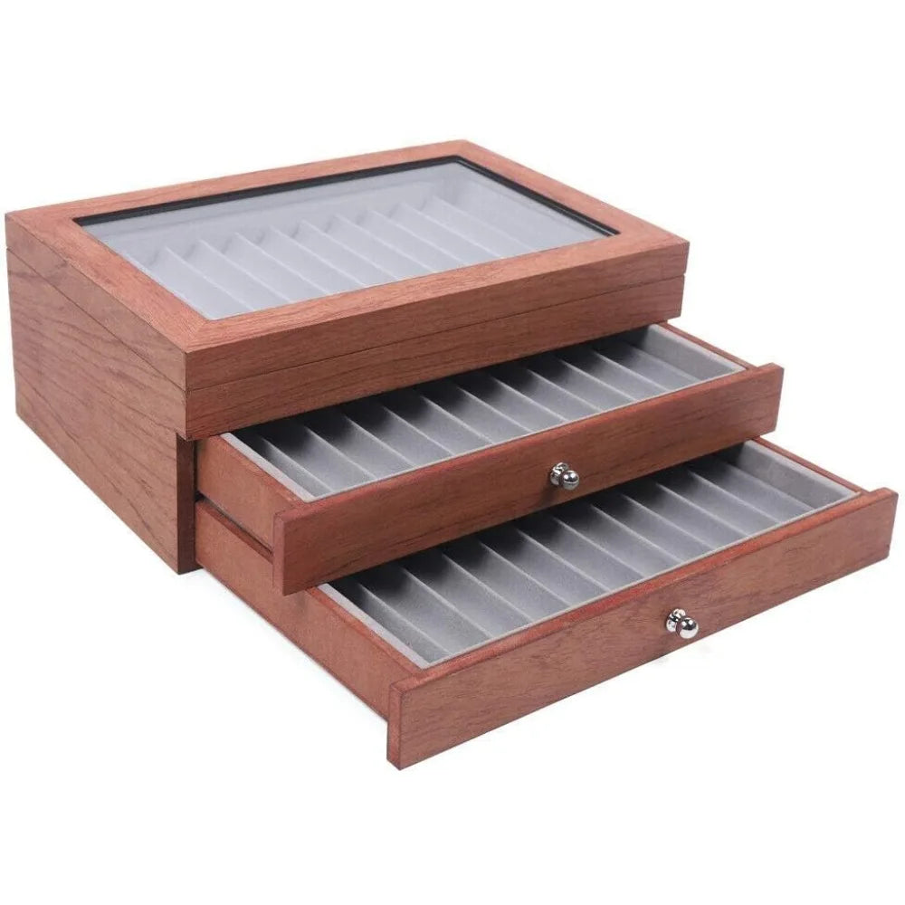34 Slots Wood Fountain Pen Display Case & Transparent Top Lid Rosewood Box Holder Storage Organizer for Christmas Gift