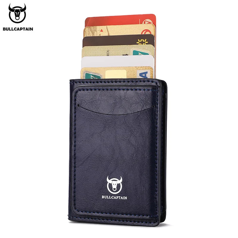 Bullcaptain Credit Card Holder Men Wallet RFID Blocking Protected Aluminium Box Leather Wallets with Money Clip Card