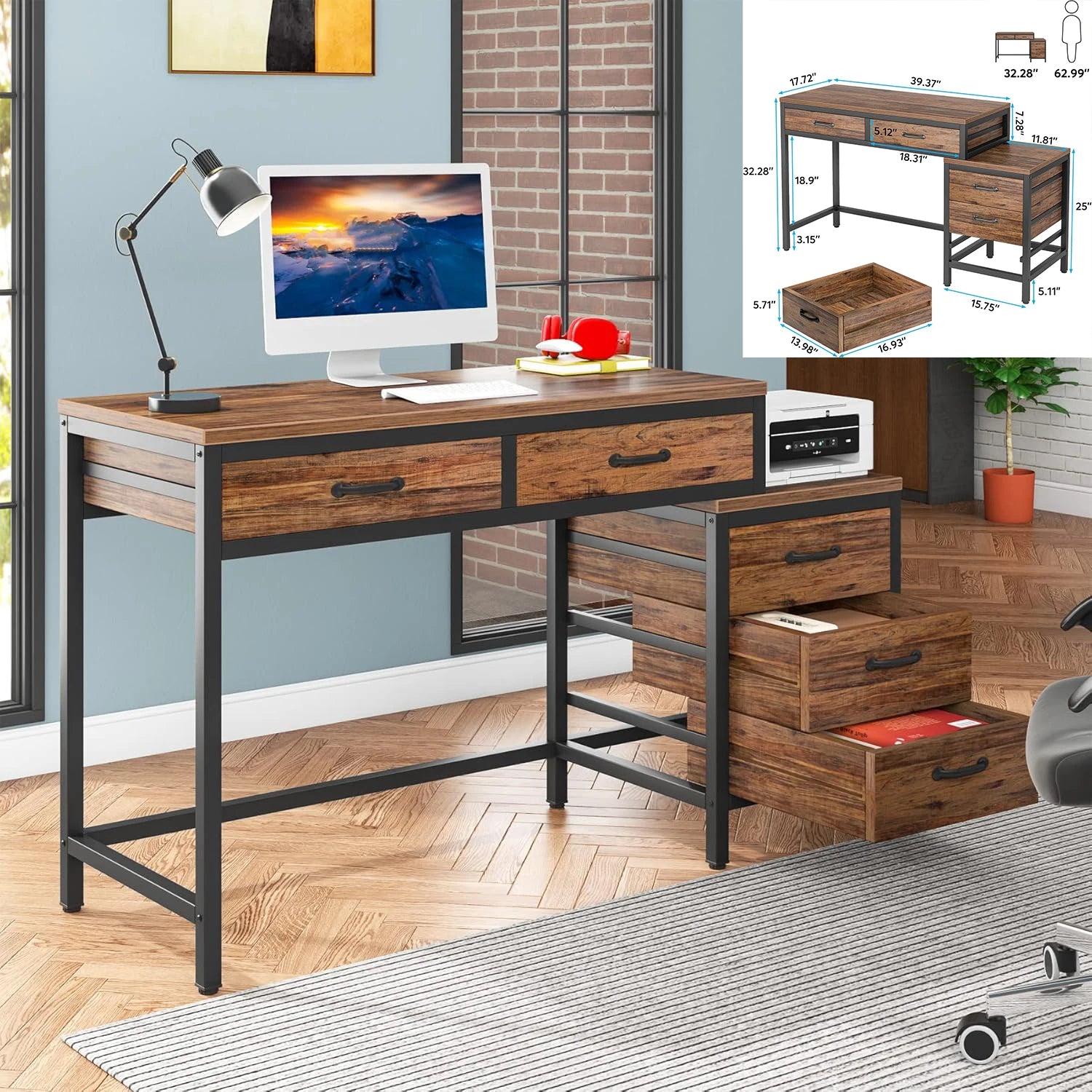 L-Shaped Computer Desk with 3 Drawers,Home Office Desk with Shelves 53-Inch Industrial PC Desk for Small Space Rustic