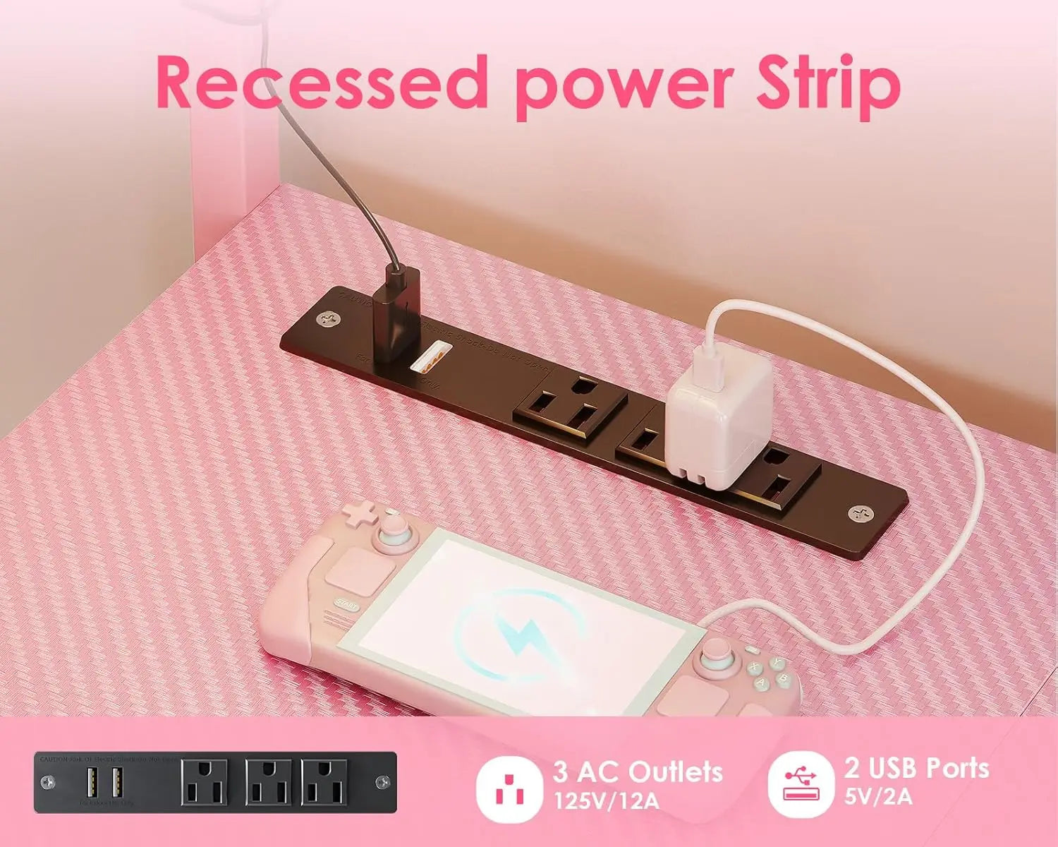 L Shaped Gaming Desk 43’ Reversible Computer Table Drawers LED Light Power Outlet Shelves Hooks Carbon Fiber Pink