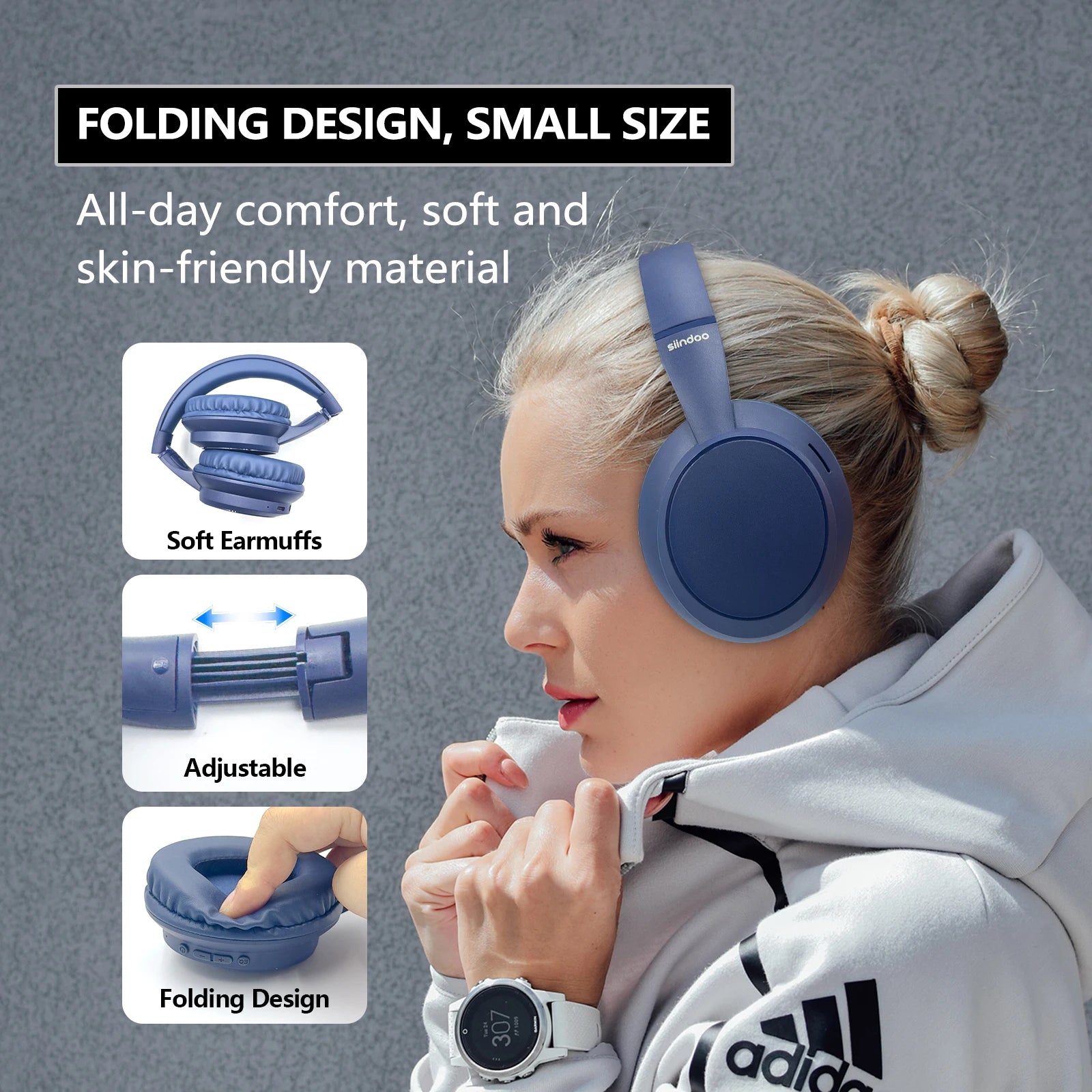 Siindoo JH-820 Foldable Lightweight Wireless Bluetooth Headphones with 3 EQ Sound Modes And Mic for Travel And Study