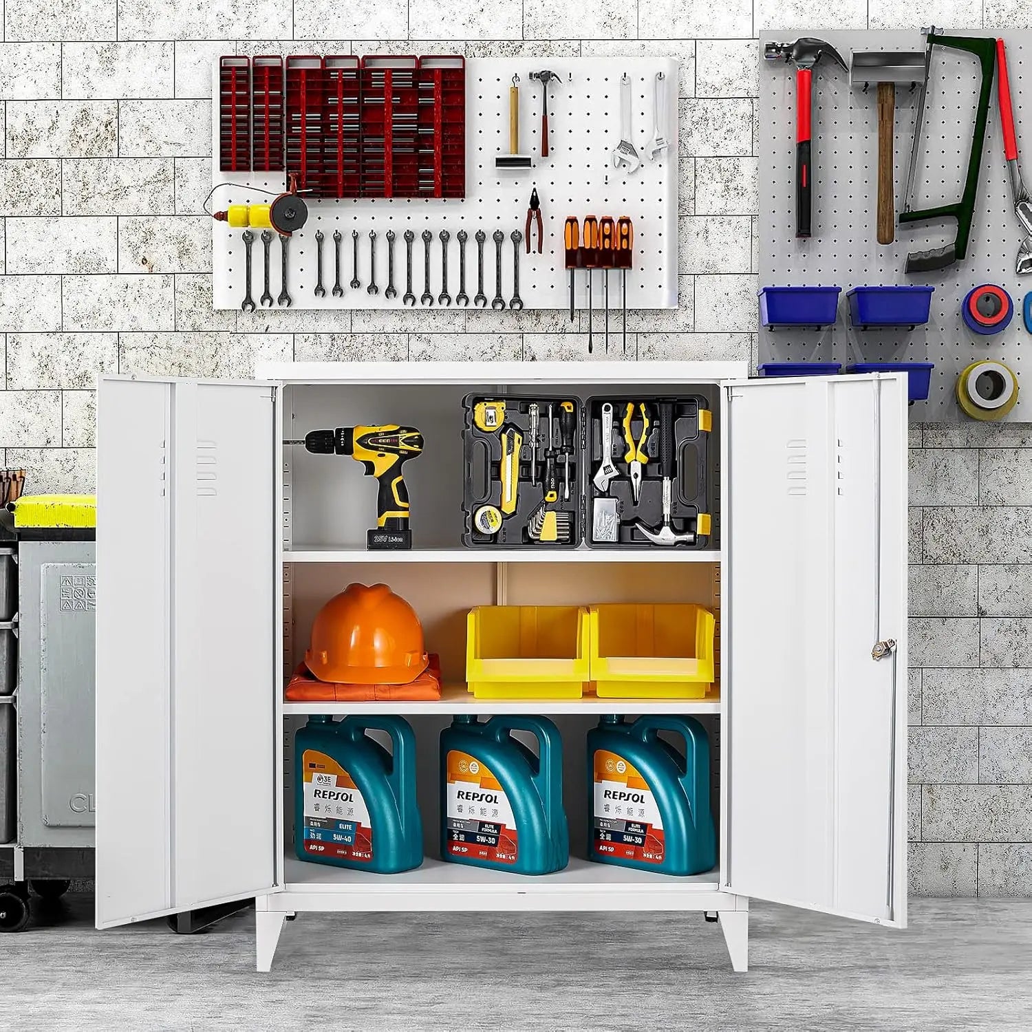 White Metal Cabinet with Doors and Shelves,40’’ Metal Storage Cabinet with Lock Door Adjustable Shelf,File Cabinet