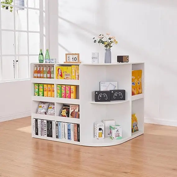 Retail Counter,L Shaped Reception Desk for Retail Stores,Modern Checkout Counter with Storage Cabinet Lockable Drawer