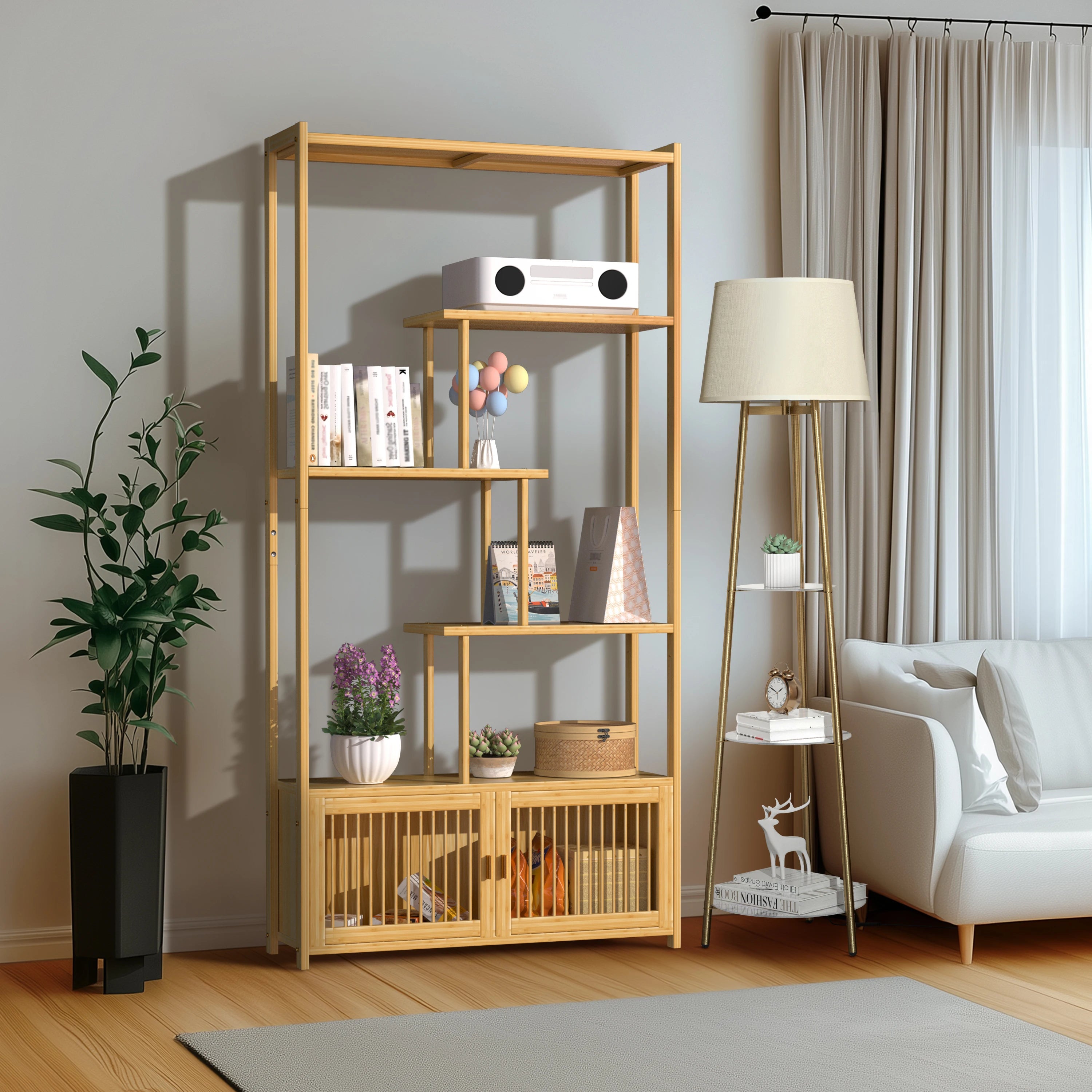 Free Standing Storage Rack Bamboo Bookshelf Cupboard Living Room Bedroom