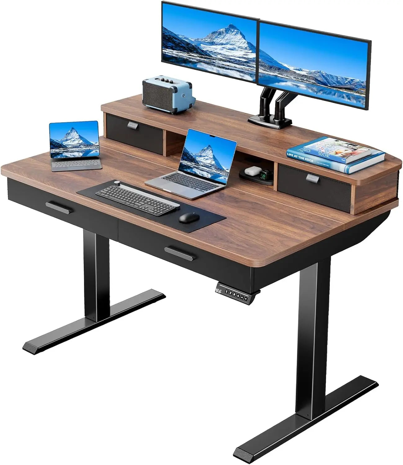 55 x 30 inch Electric Standing Desk with Wood Drawers Adjustable Height Sit Stand Home Office Desk with Two Tiers