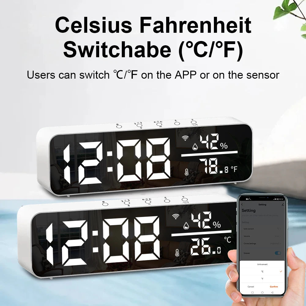Tuya WiFi LED Alarm Clock Support Temperature Humidity Sensor Time Display USB Desktop Mirror Clocks for Living Room