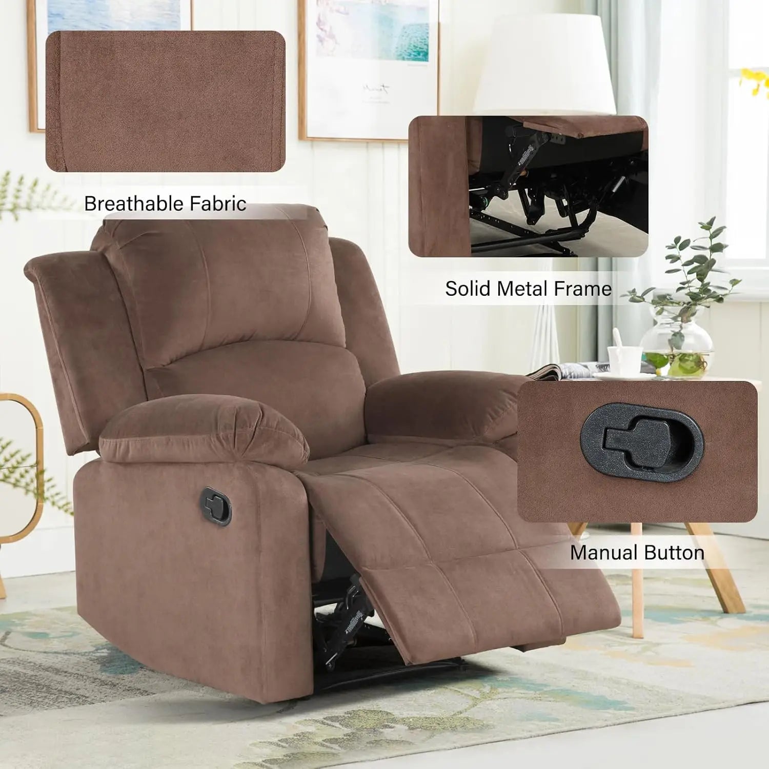 Manual Recliner Chair Soft Fabric Overstuffed Single Sofa Light Brown - United States / 1