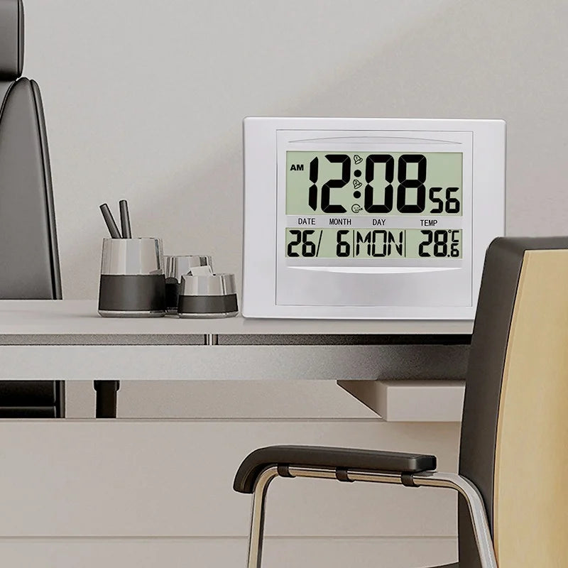 Large Digital Wall Clock TEMP Date Week Display 2 Alarms Battery Powered Snooze Table Clock 12/24H Electronic LCD Alarm