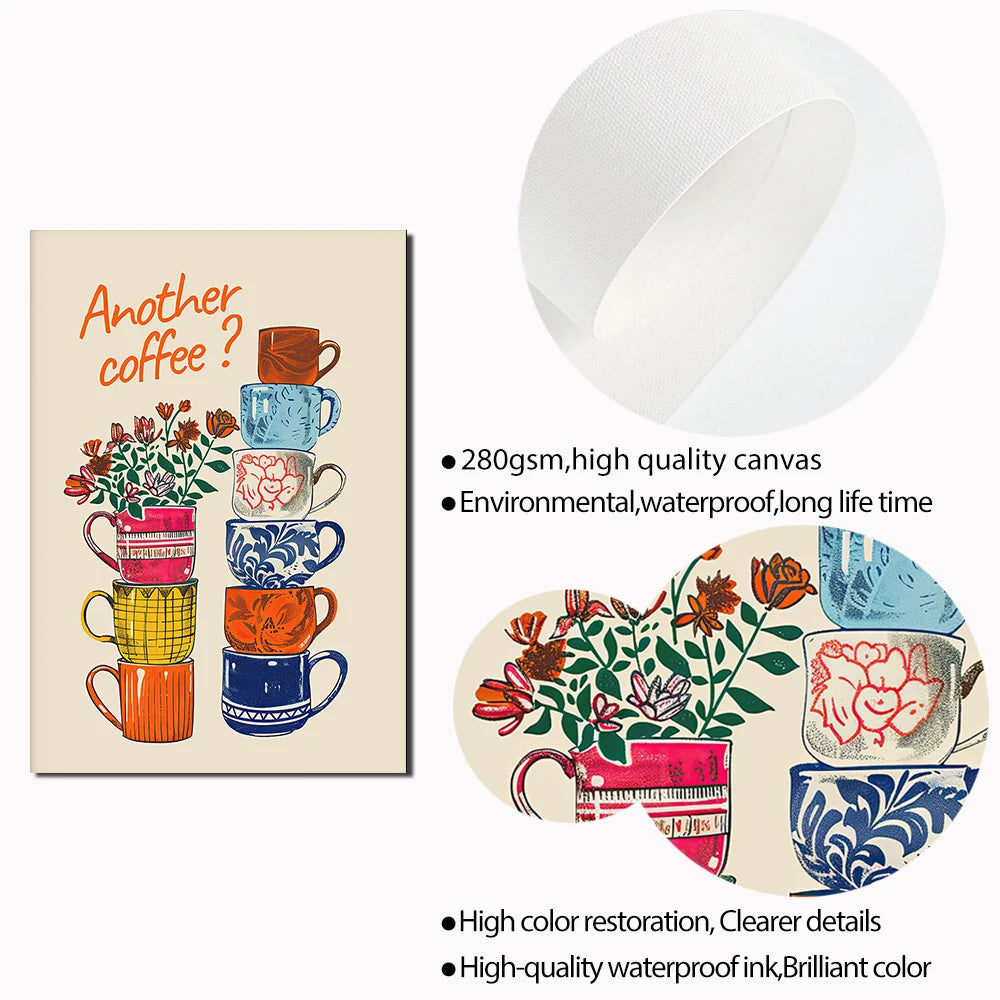 Another Coffee Colorful Coffee Cups Poster Coffee Break Kitchen Decoration Coffee Lover Office Wall Art Canvas Painting