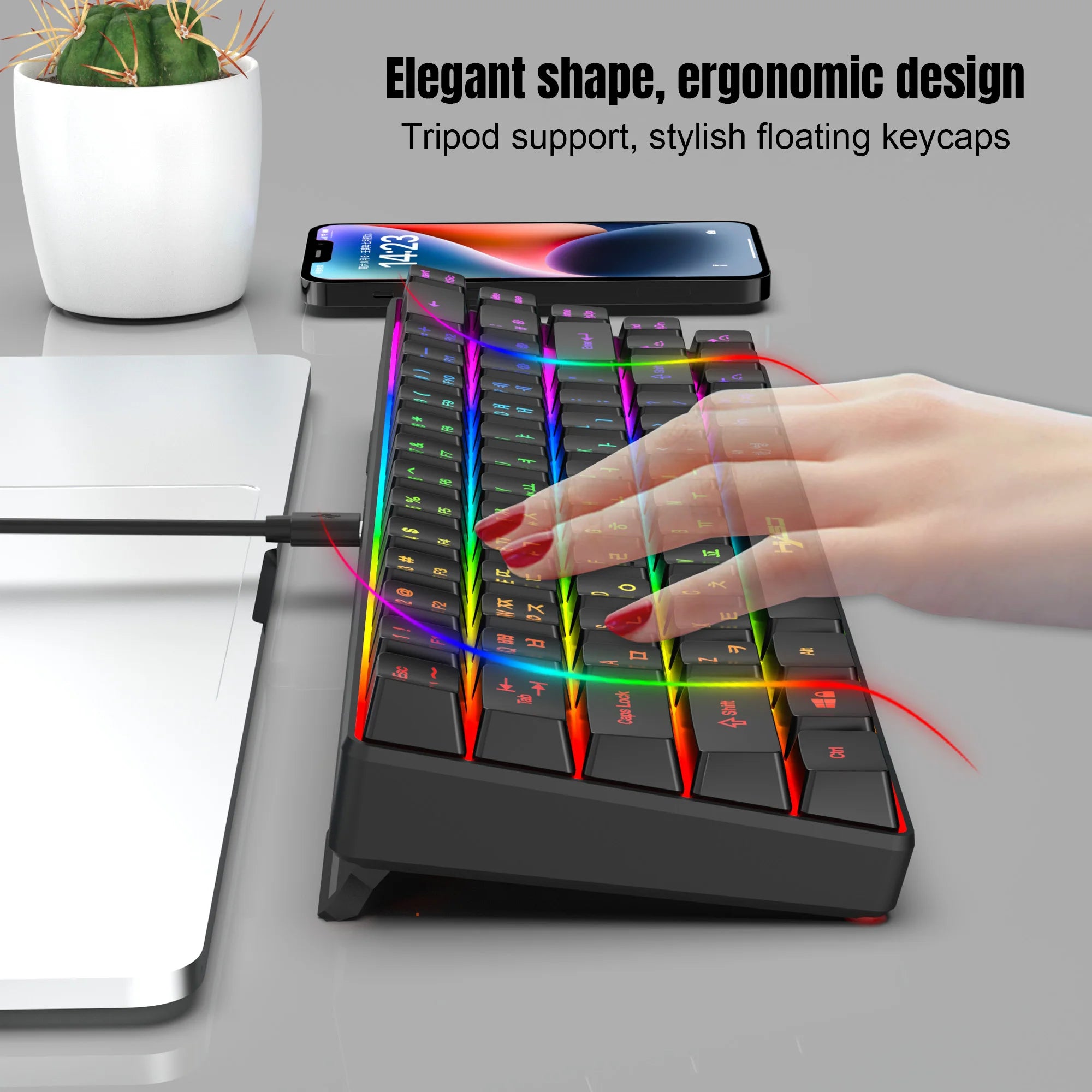 Portable HXSJ V200 68-key Korean gaming Keyboard 65% RGB Backlit Wired office membrane Keyboard for Desktop PC