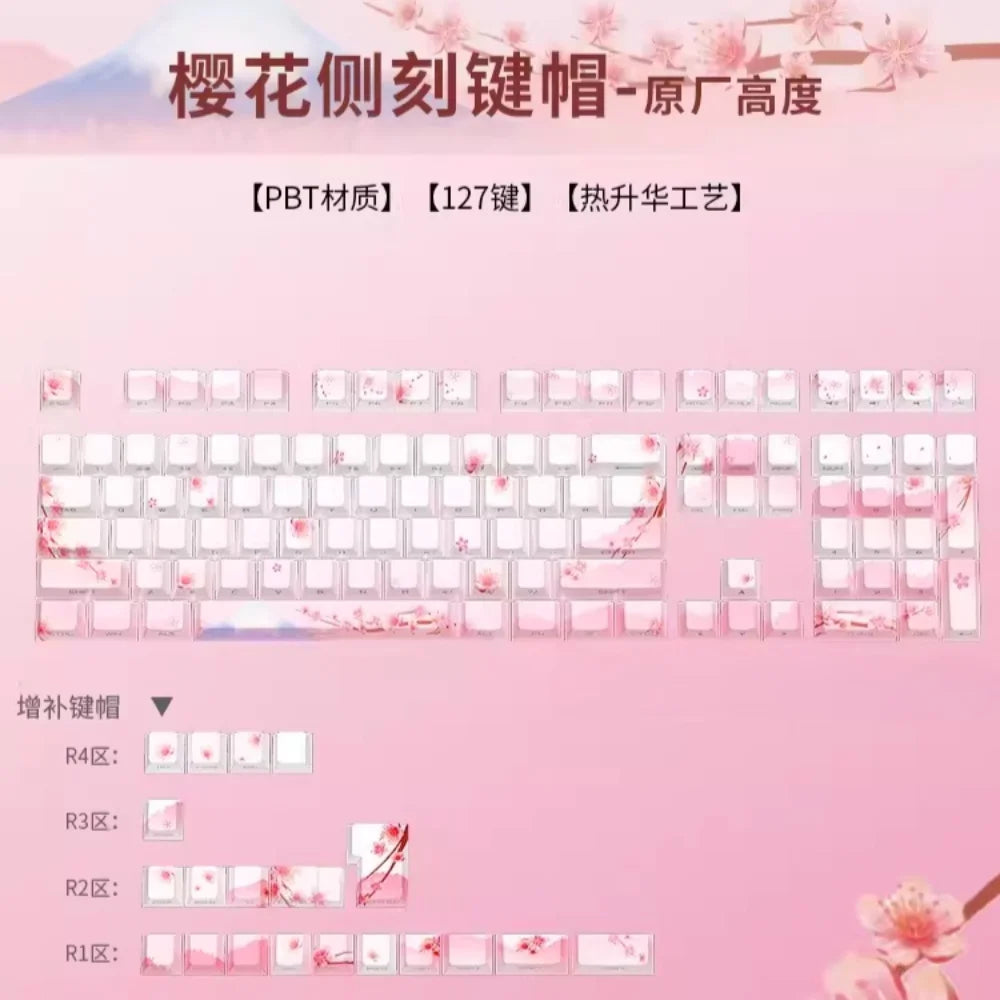 Pink Cherry Blossom Keycap with Side Engraved Translucent PBT 127 Keys Compatible with MX Mechanical Keyboard 61 75 86