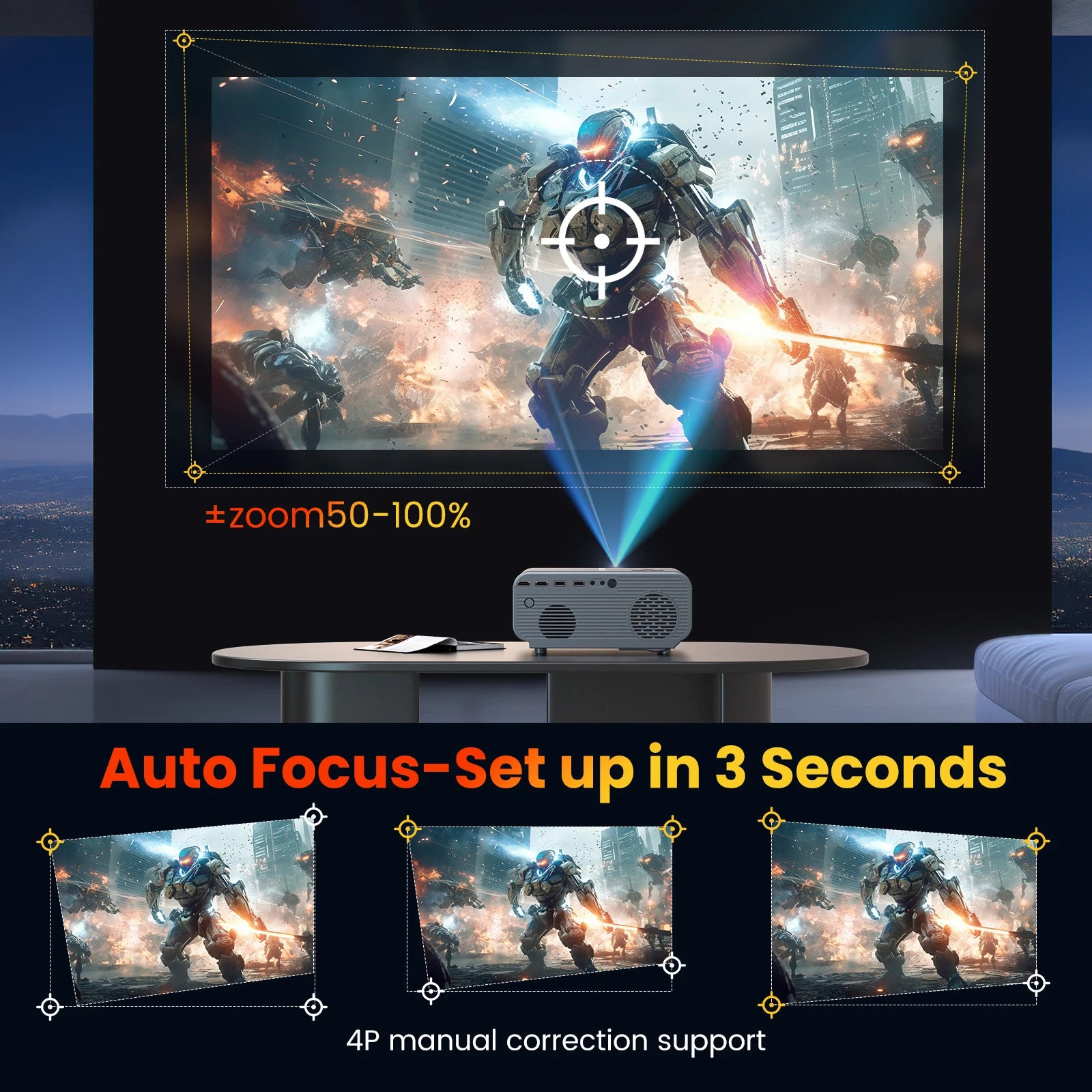 HAPPRUN 1080P Auto Focus Projector,15000Lux,WiFi/Bluetooth,4K Support,6D Keystone 50% Zoom,Portable HDMI/USB/AV/PS5