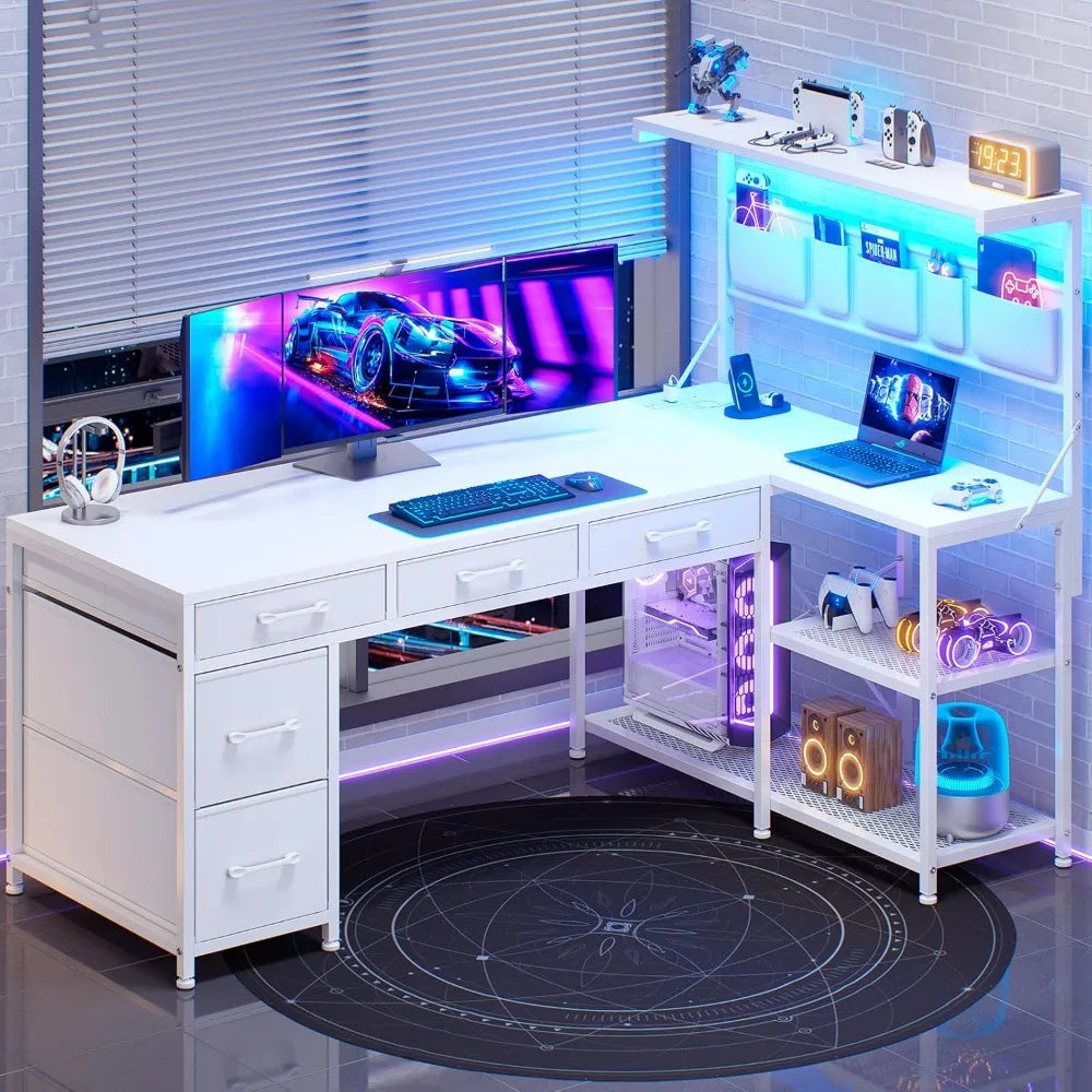 Corner Computer Desk Reversible L Shaped Computer Desk with Fabric Drawers and Power Outlet 47.2” Gaming Desk with LED