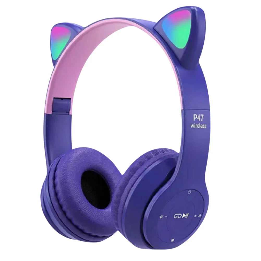 Wireless Headphones Cat Ear Gaming Headset Glow Light Bluetooth-Compatible Helmets Cute Over-Ear Headsets for Kids