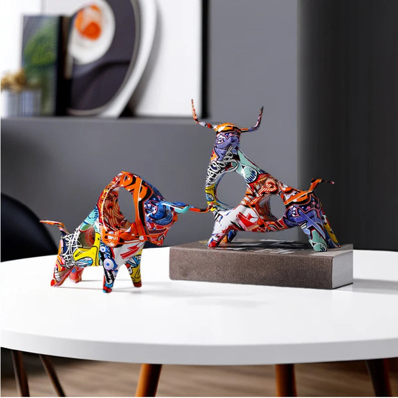 Resin Bull Statue Painted Colorful Cattle Figurine Animal Ox Sculpture Desktop Living Room Office Ornament Home Decor