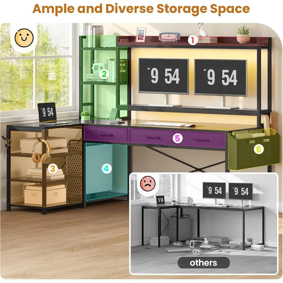 55 L Shaped Gaming Desk with Hutch and Drawers for Home Office or Gaming Room Corner Computer Desk with Adjustable