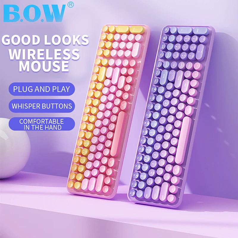 Ergonomic 2.4G Wireless Keyboard 106 Keys Retro Round Keycap Keyboard Multimedia Function Keyboard