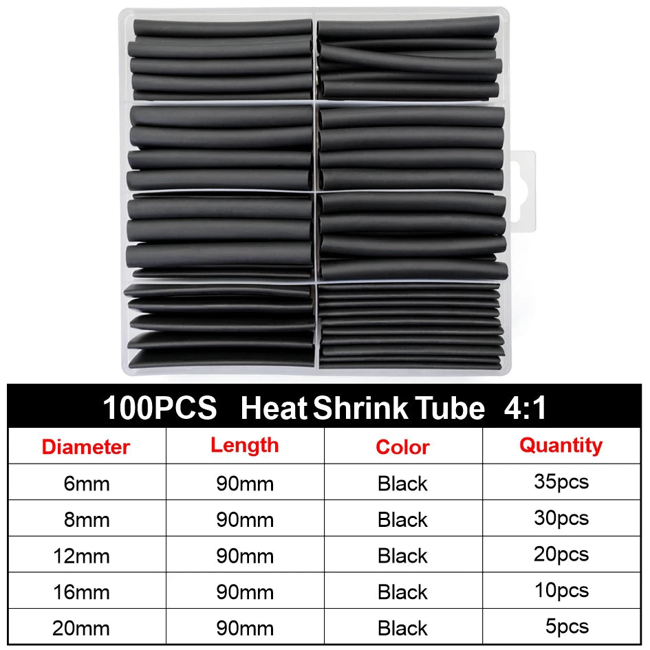 100pcs Heat Shrink Tube Kit 4:1 Flame Retardant Insulated Electrica Wire Wrap Multi-Size Assortment for Cable Repair