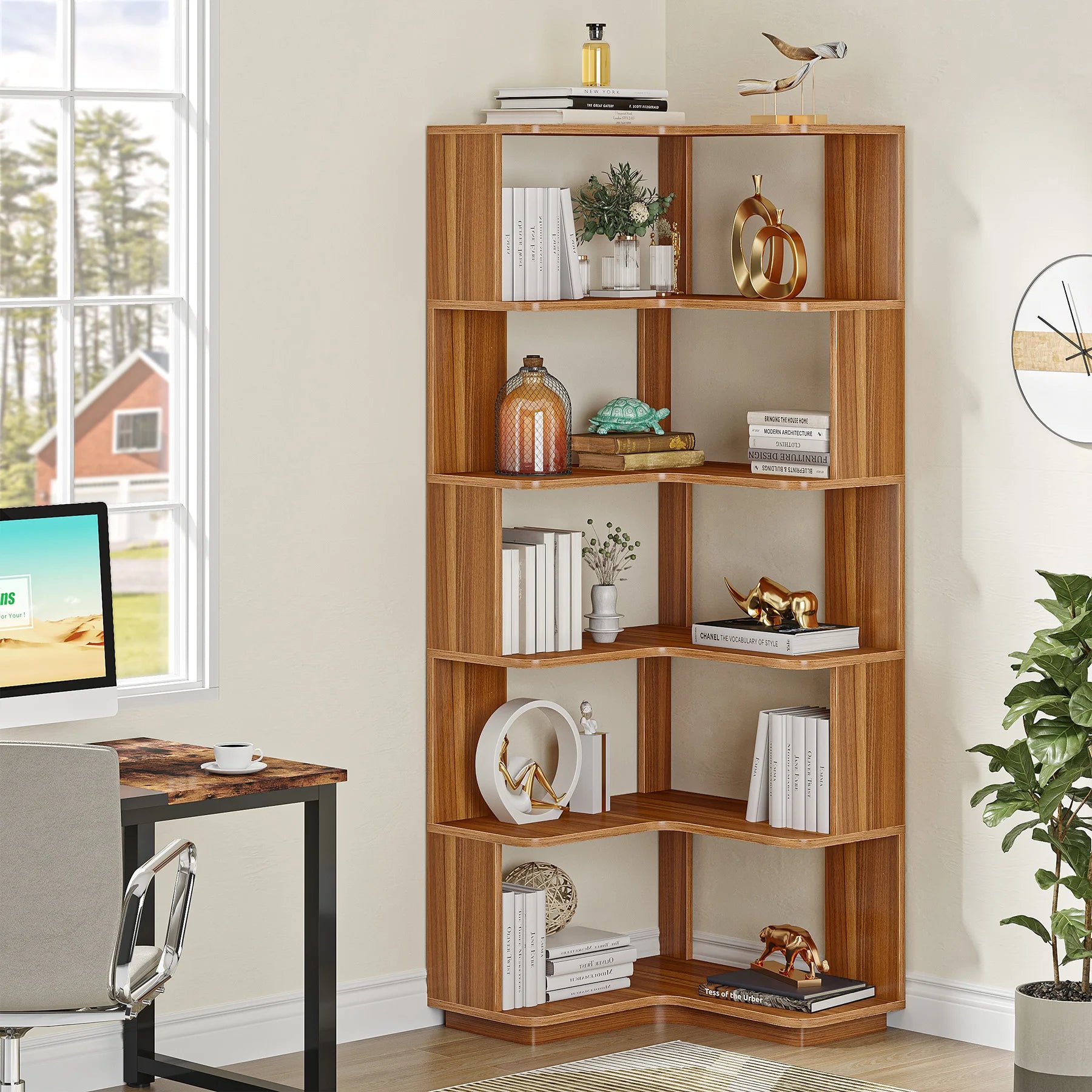 Tribesigns 6 Tier Corner Bookshelf 64.96 Inch Tall Industrial Corner Bookcase with Anti-Drop Panel,Wood Grain Corner