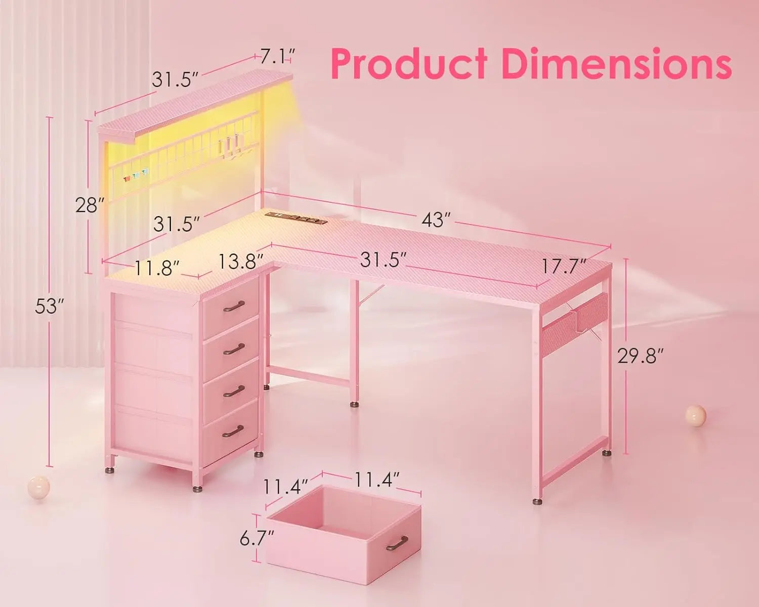 L Shaped Gaming Desk 43’ Reversible Computer Table Drawers LED Light Power Outlet Shelves Hooks Carbon Fiber Pink