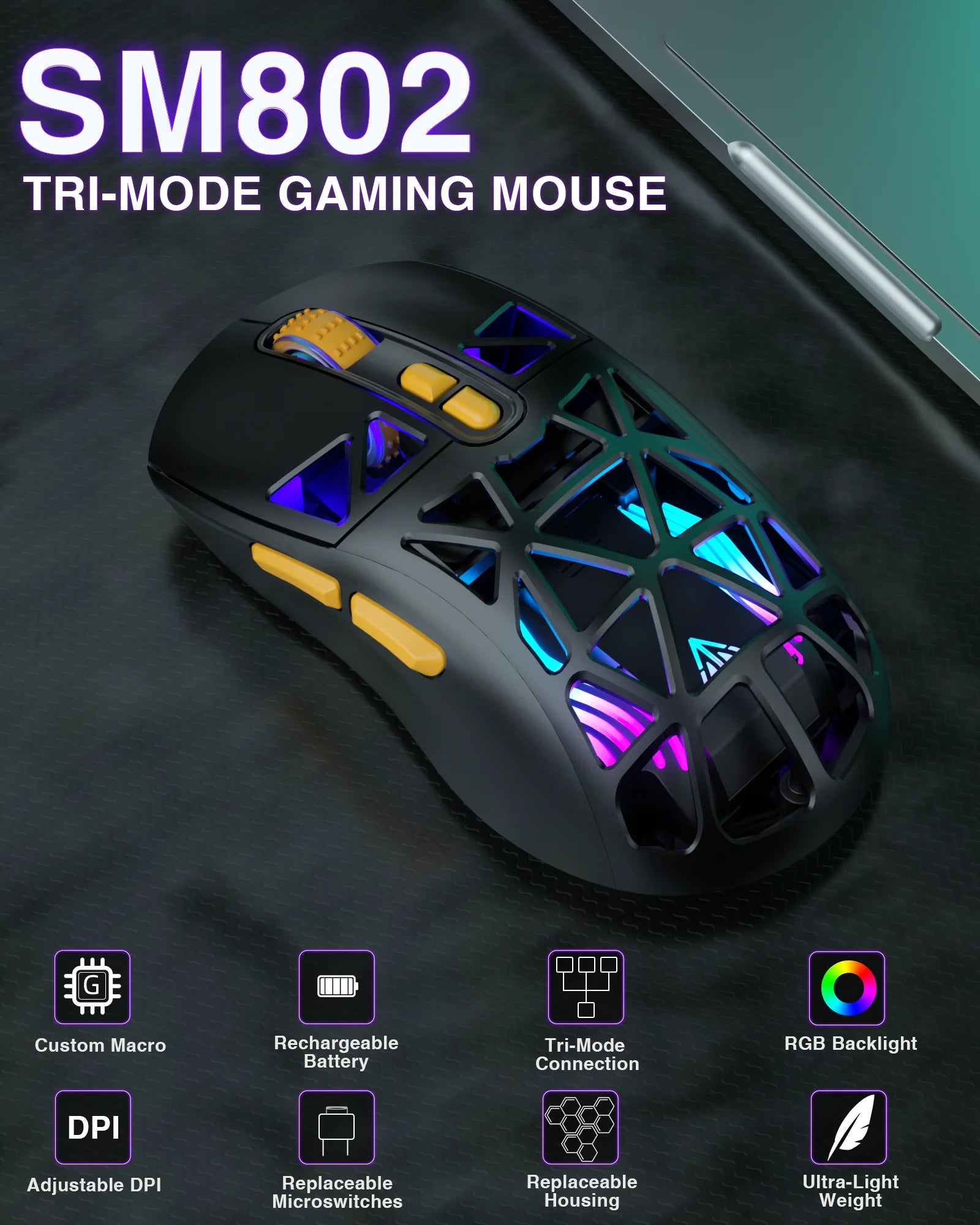 SOLAKAK SM802 Tri-modes Gaming Mouse Replaceable Shell Macros 6-adjustable DPI 600mah RGB lightweight - Black / United