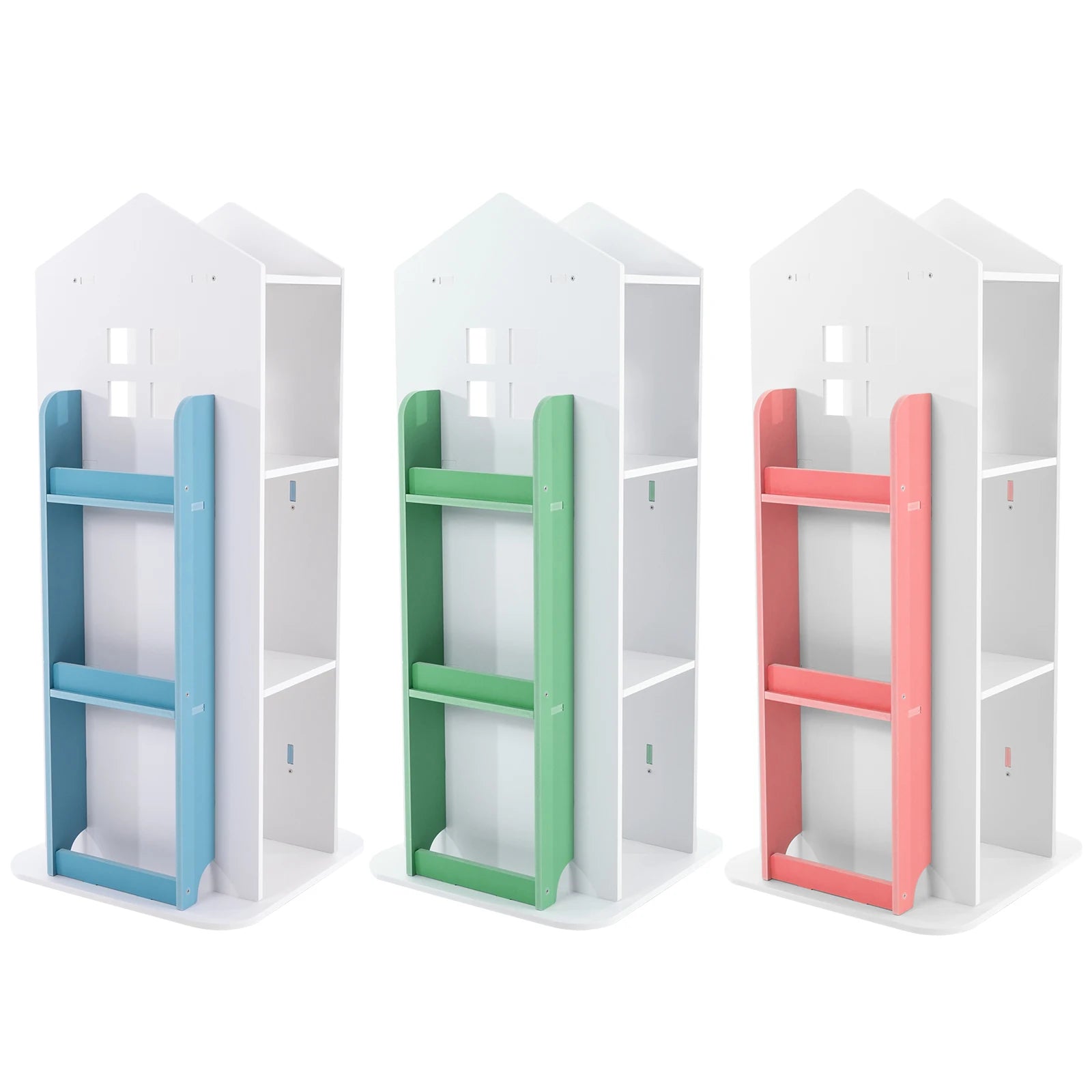 Rotating Kids Bookshelf with 4 Tiers Eco-Friendly PVC Material Castle Shape Design 360° Swivel Large Storage Space
