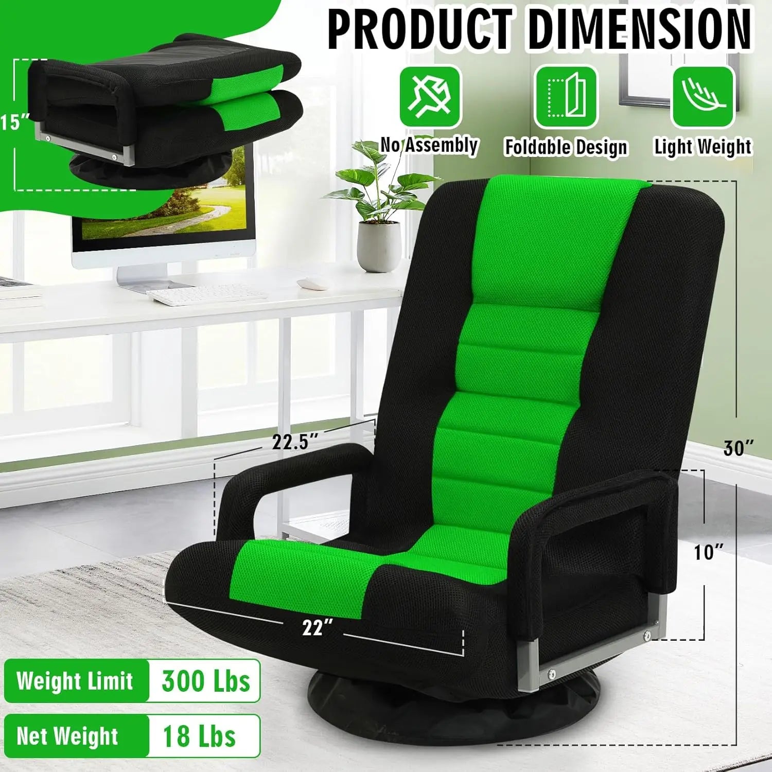 Swivel Floor Gaming Chair w/Armrests,Folding Video Reclining Sofa w/6 Adjustable Position Padded Backrest & Cushion