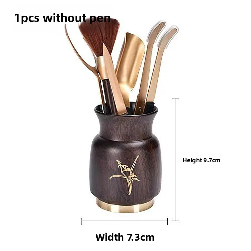 1pcs Multifunctional Ebony Wood Pen Holder Chinese Style Engraved Desktop Organizer Retro Wooden Desk Decor Business