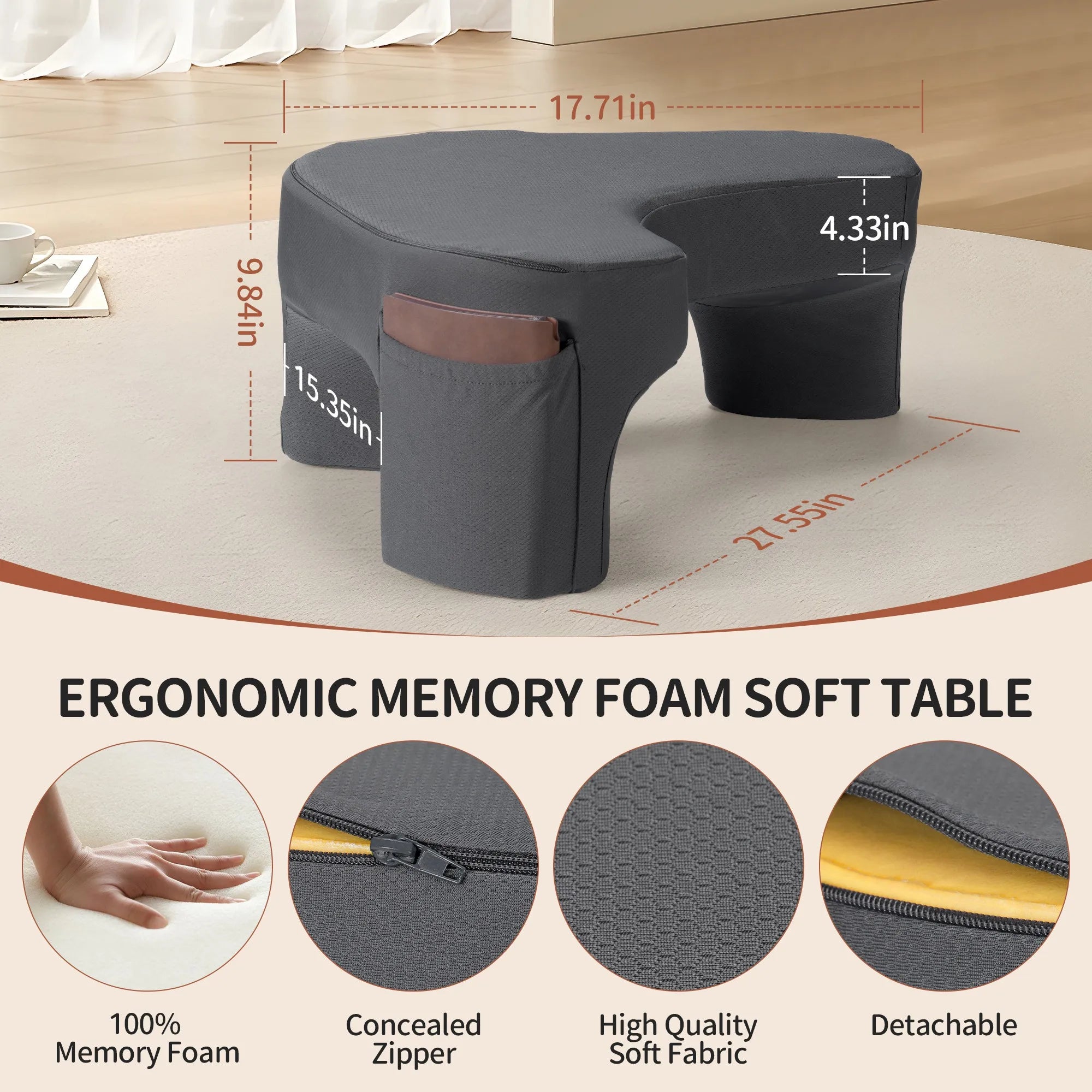 Gaming Reading Pillow Ergonomic Soft Memory Foam 3 Legs Bed Arm Rest Pillow for Couch Car Floor - United States