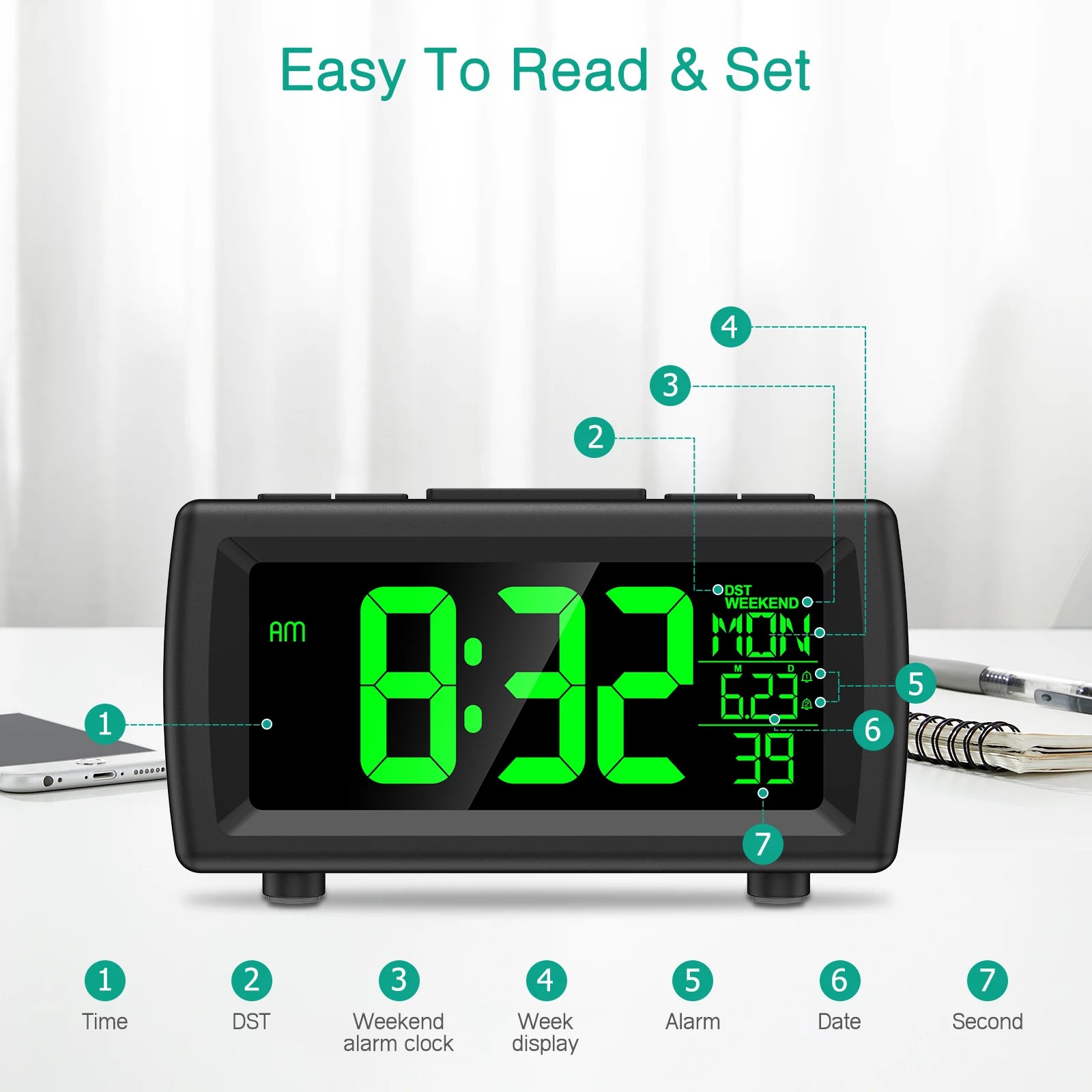 ORIA Alarm Clock Radio Digital FM Radio Clock with Snooze and Adjustable Volume Bedside LED Clock with Dual Alarm