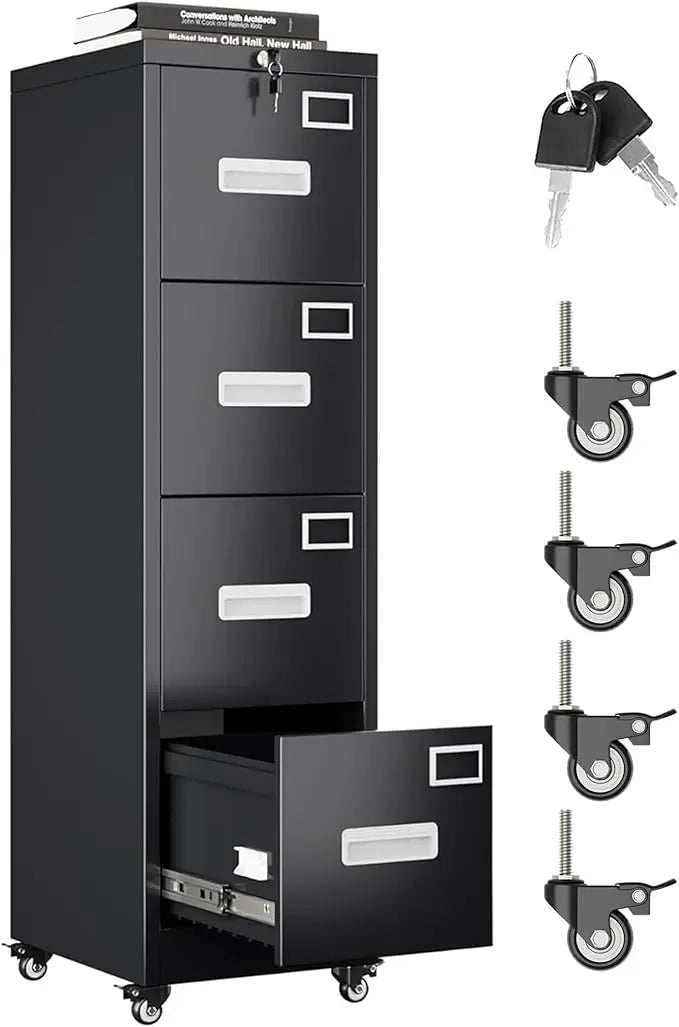 File Cabinet 4 Drawer with Wheels Lockable Office Metal Filing Cabinet with Name Card Mobile Storage Cabinet w/Smooth