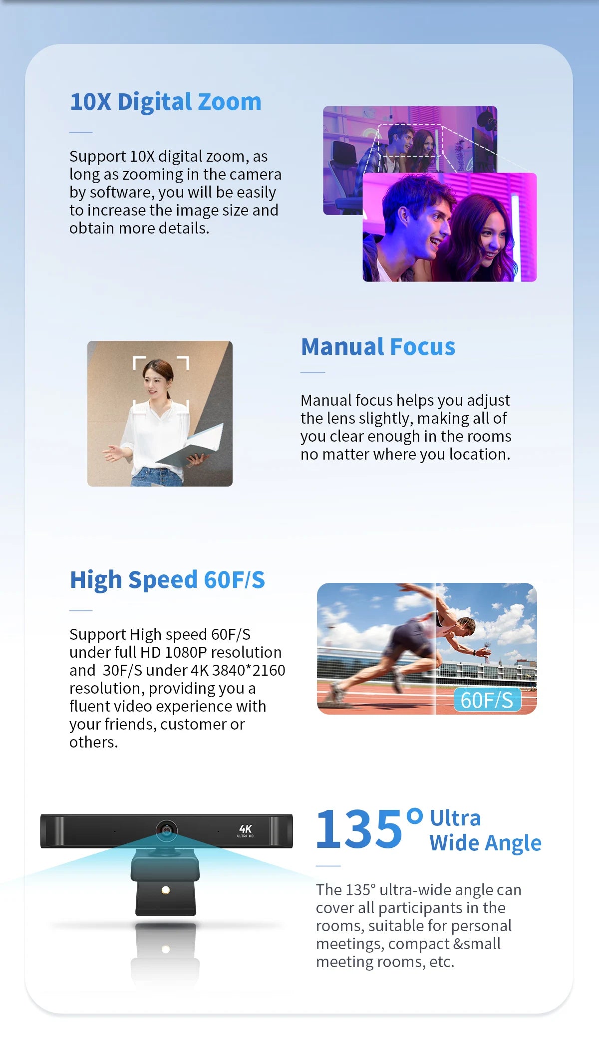 4K UHD 60fps 10x Zoom Auto Focal USB Webcam For Video Conference Online Teaching Boardcast Digital Camera Web Cam