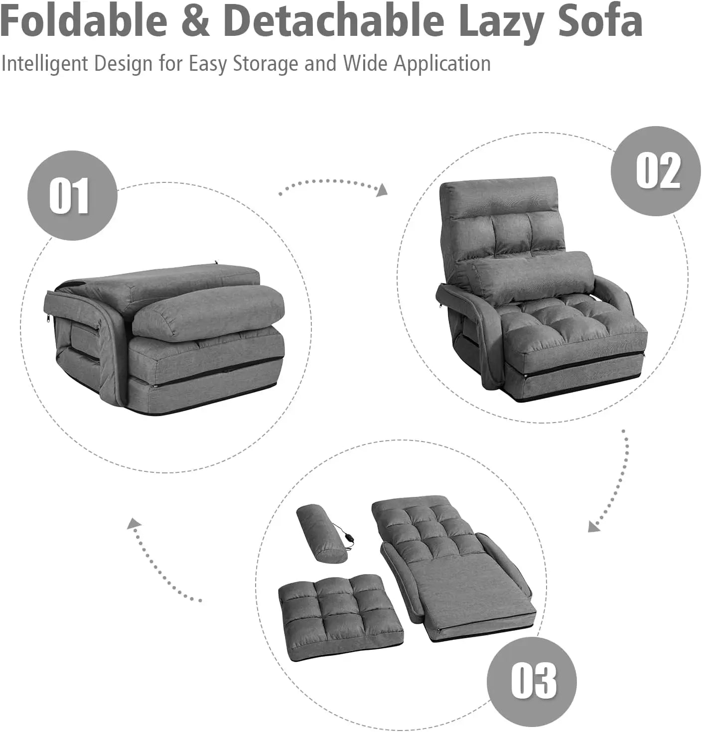 Folding Lazy Sofa Floor Chair Indoor Chaise Lounger Bed with 6 Adjustable Position Pillow Living Room Lounge Couch(Gray)