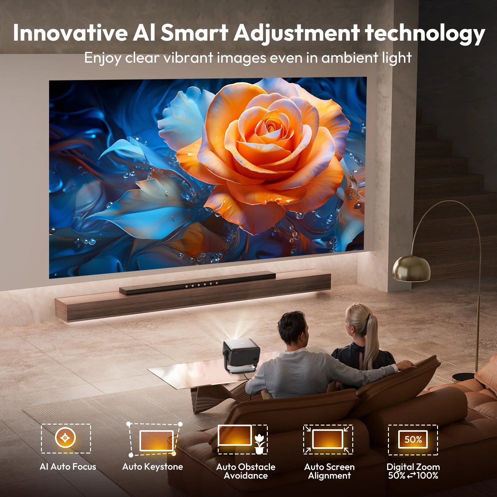 XGODY 4K Native 1080P WiFi6 Android Projector 18000lumen Voice Control AI Auto Focus HD Home Theater Cinema