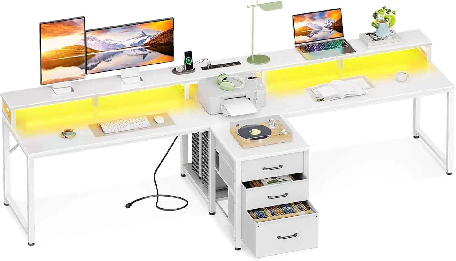 94’’ Computer Desk with Fabric Drawer & File Cabinet- 2 Person Home Office Desk with Power Outlet & LED Light - United