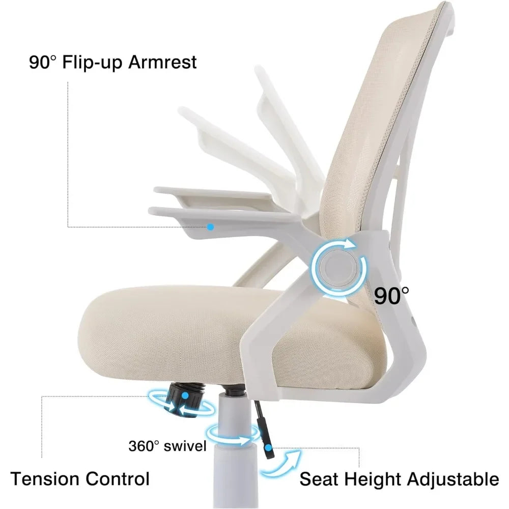 Beige Desk Chair Mid-back Swivel Ergonomic Office Chair With Adjustable Arms Mesh Lumbar Support for Computer Task Work