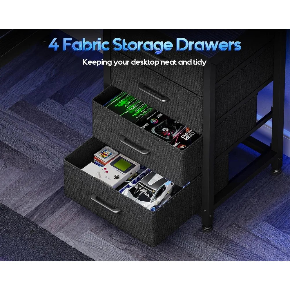 L Shaped Gaming Desk with Shelf & 4 Drawers 43 Reversible Computer Desk with LED Light Home Office Table with Hutch