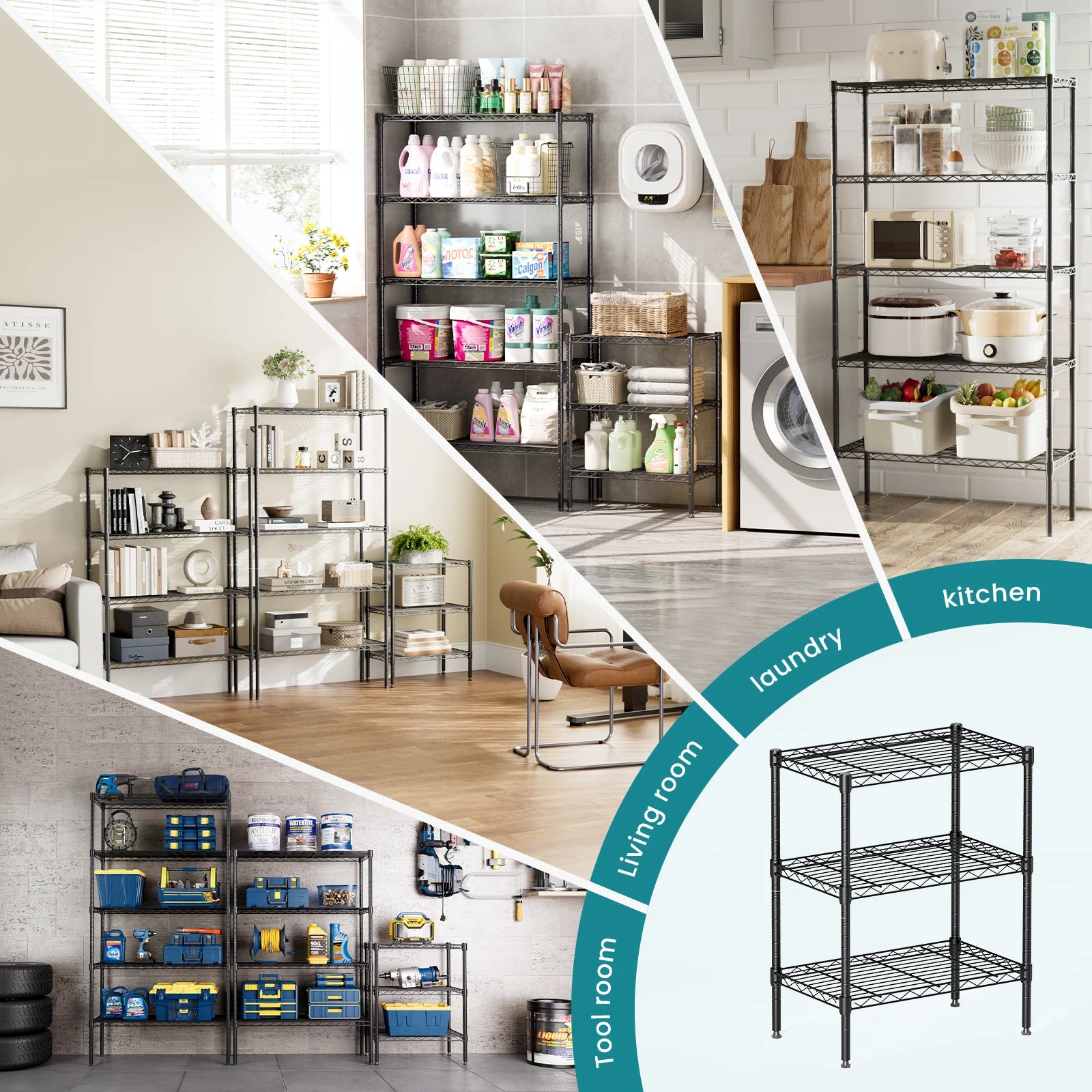 JHK 3-5 Tier Storage Bookshelf Adjustable Metal Wire Racks Heavy Duty Standing Shelf Organizer for Living Room