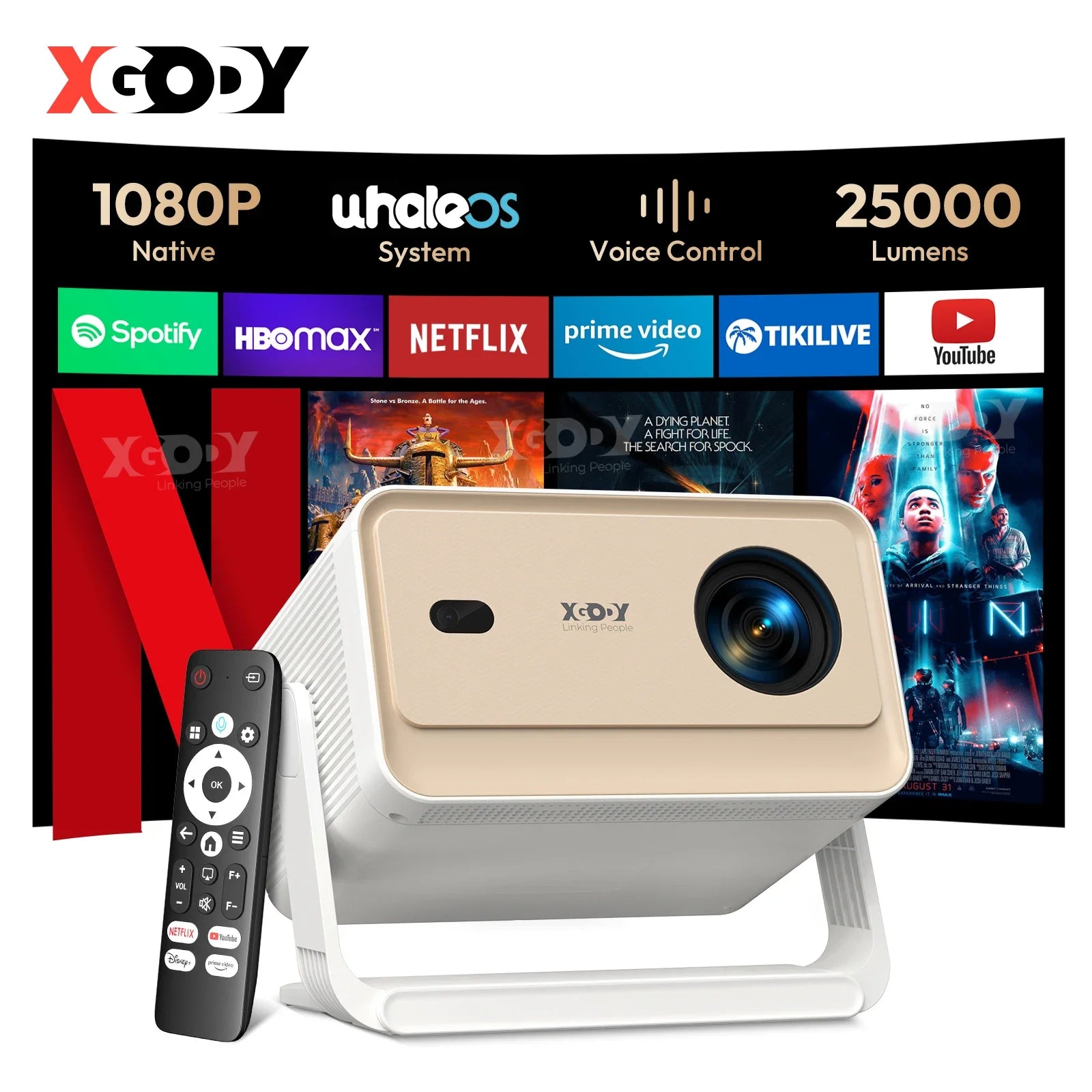 XGODY Projector FHD 1080P Netflix Officially Whale OS AI Auto Focus 700 ANSI 25000 lumens Bluetooth Dual Band Wi-Fi