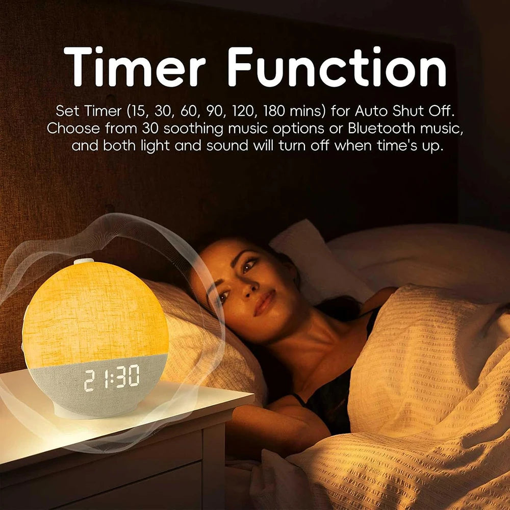Digital Alarm Clock Wake Up Light White Noise Sound Machine Bluetooth Speaker Night Light Décor Gift for Men/Women