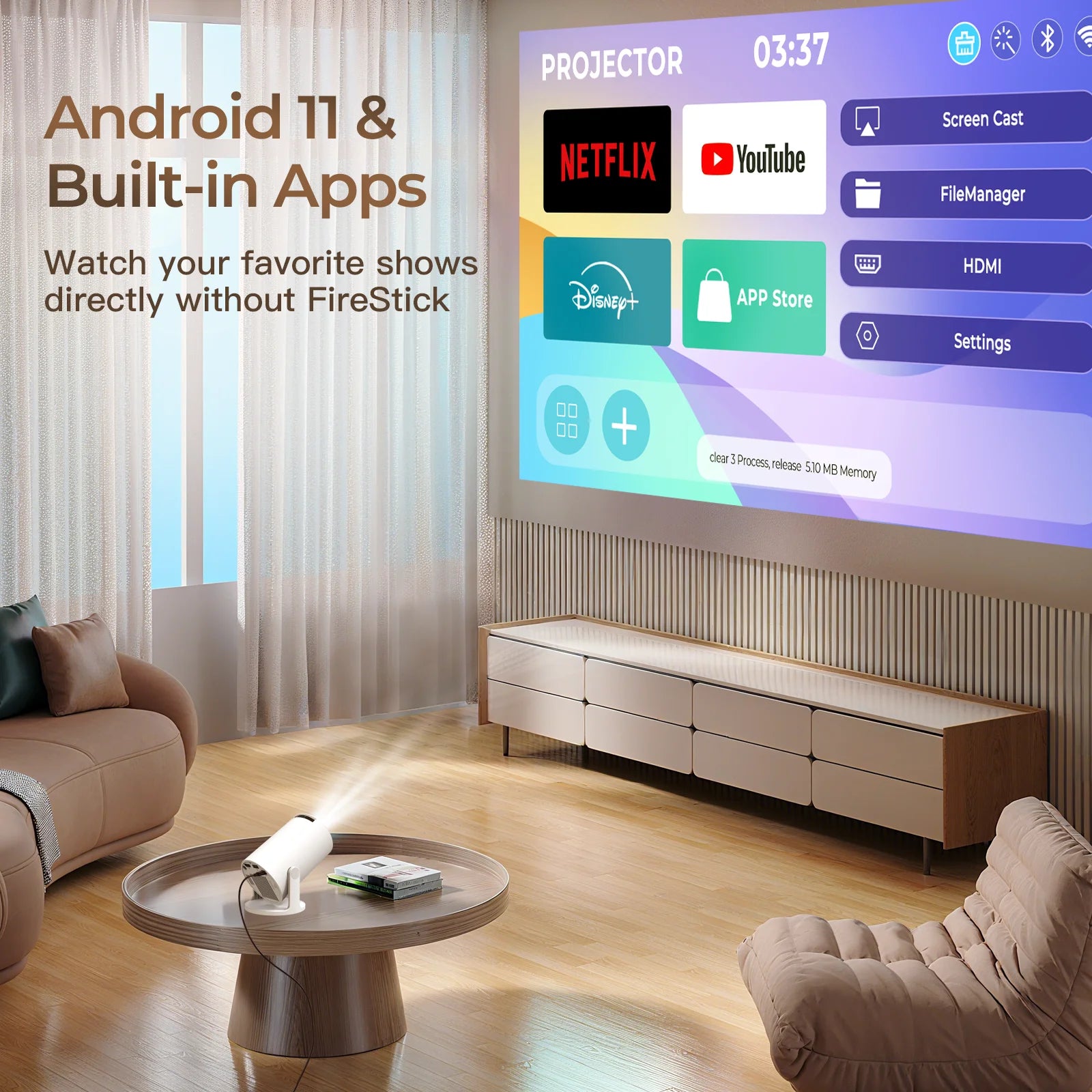 Smart Projector with Wifi and BluetoothPortable 720P 4K Support Auto Keystone AirMouse Remote 180 Degree Rotation